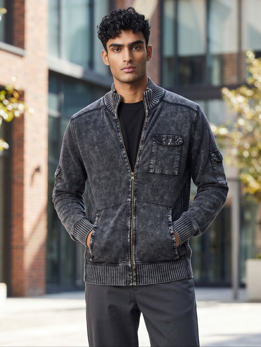 Alex Stevens Gray Cargo Zip Up Sweater with Pockets, M